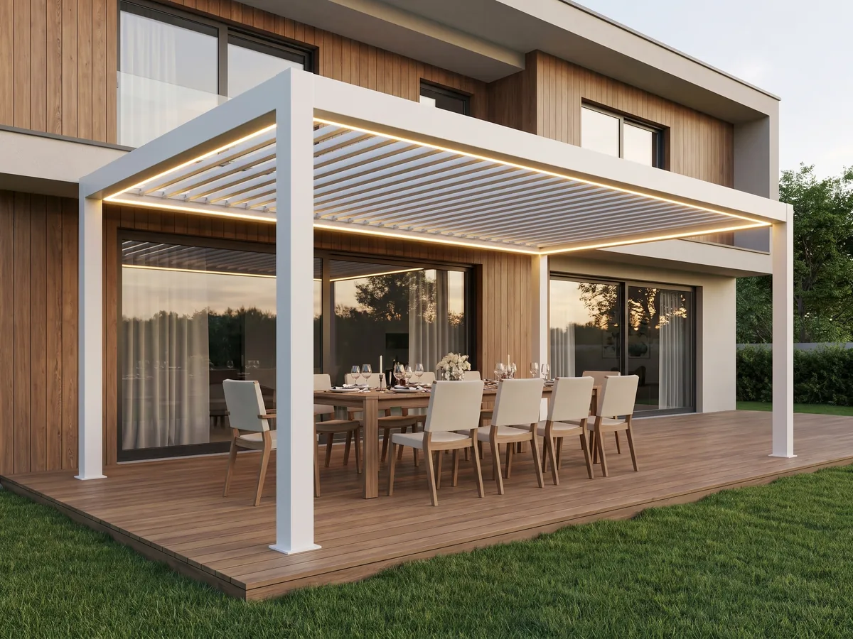 Визуализация: белая навес-пергола 4×6 с подсветкой над длинным обеденным столом у дома